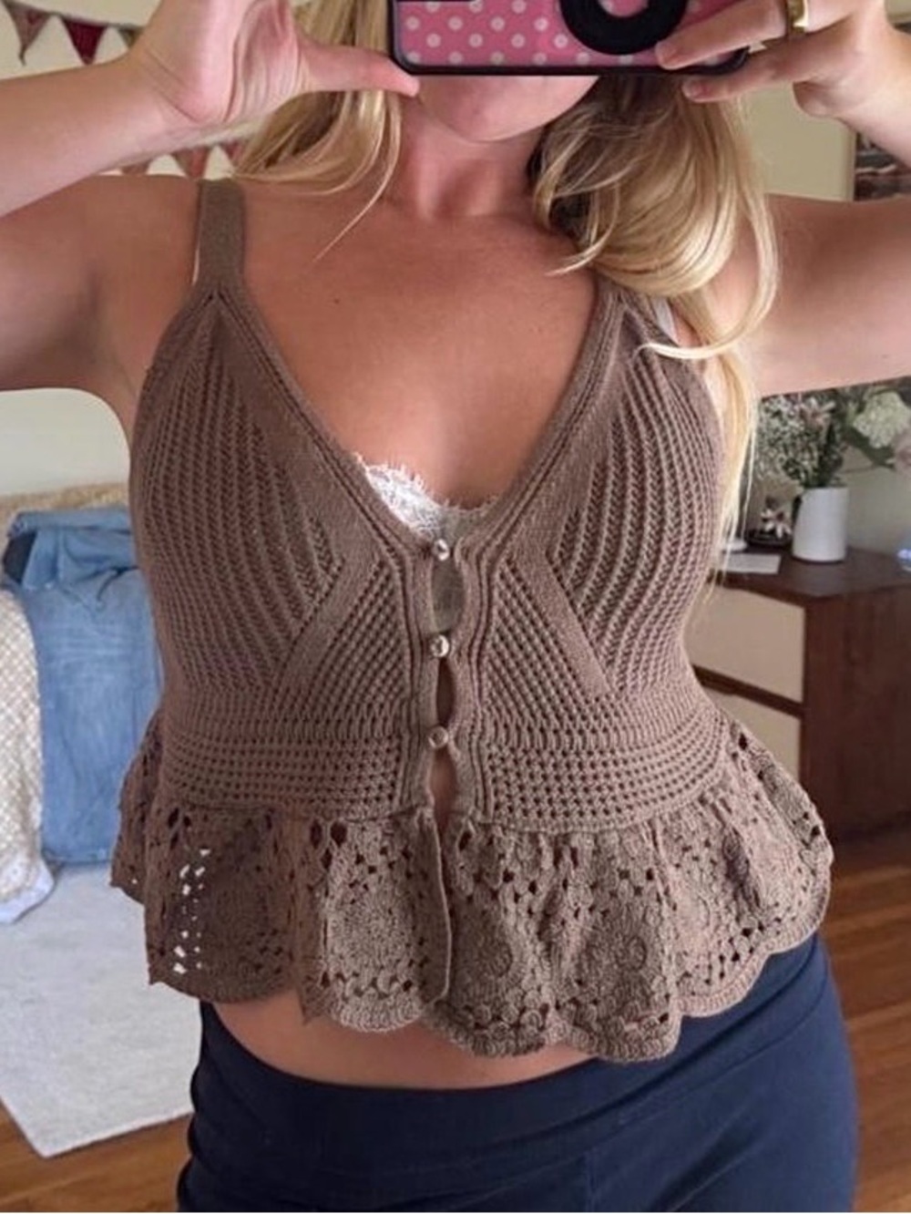 🆕 Universal Thread Crochet Peplum Tank Top in Brown Size Large